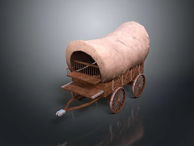 Vintage Covered Wagon With Wooden Frame Canvas Cover And Spoked Wheels 3d model