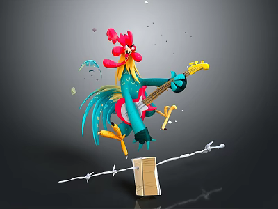 Colorful Rooster Playing Electric Guitar Standing on Cardboard Box on Barbed Wire 3d model