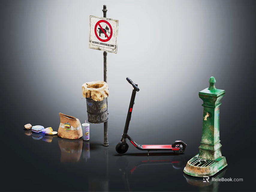 Sports Equipment Scooter With Trash Can No Parking Sign And Lamp Post In Urban Area 3d model 
