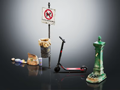 Sports Equipment Scooter With Trash Can No Parking Sign And Lamp Post In Urban Area 3d model