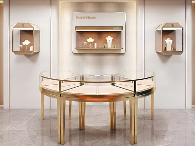 Luxury Display Shelves With Gold Metal Frame Glass Top Round And Hexagonal Wall Design 3d model
