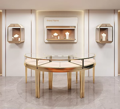 Luxury Display Shelves With Gold Metal Frame Glass Top Round And Hexagonal Wall Design 3d model