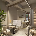 Modern Cafe Interior With Wooden Counter Coffee Machine Warm Lighting Tables Chairs And Menu Board