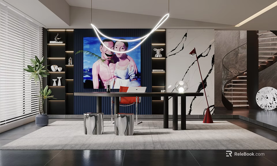 Modern Study Room Interior With Large Desk Comfortable Chair And Wall Art Decor 3d model 