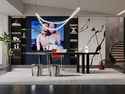 Modern Study Room Interior With Large Desk Comfortable Chair And Wall Art Decor 3d model