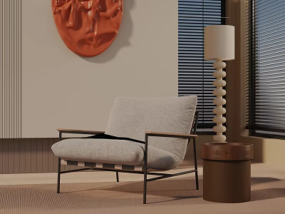 Modern Gray Fabric Accent Chair With Metal Frame Spiral Lamp And Orange Wall Art 3d model