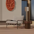 Modern Gray Fabric Accent Chair With Metal Frame Spiral Lamp And Orange Wall Art