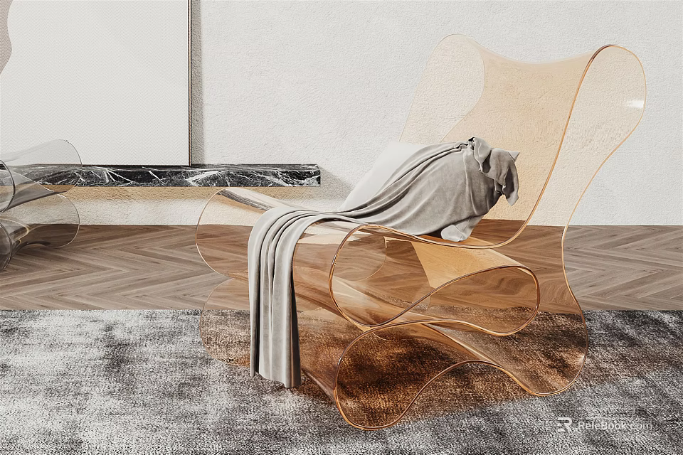 Transparent Golden Leisure Chair With Gray Blanket On Gray Rug Wooden Floor And Marble Counter 3d model 
