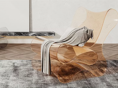 Transparent Golden Leisure Chair With Gray Blanket On Gray Rug Wooden Floor And Marble Counter 3d model