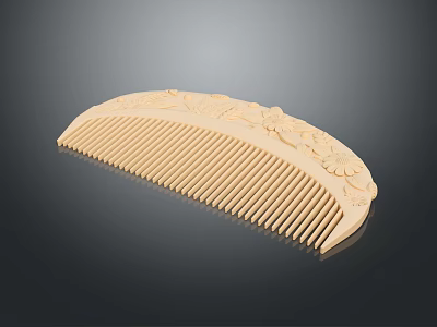 Handcrafted Wooden Comb With Intricate Floral Carvings For Daily Hair Grooming 3d model