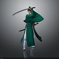 Man In Traditional Green Robe Holding Long Sword With Reflection On Gray Background 3d model