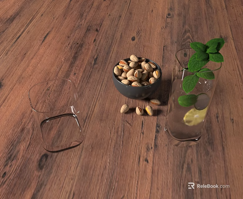Decorative Ornament Set With Glass Cups Pistachios Mint Leaves And Lemon On Wooden Table 3d model 