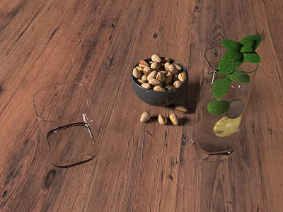 Decorative Ornament Set With Glass Cups Pistachios Mint Leaves And Lemon On Wooden Table 3d model
