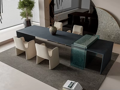 Modern Minimalist Dining Table with Light Chairs Glass Side Cabinet Vase and Plant on Rug 3d model