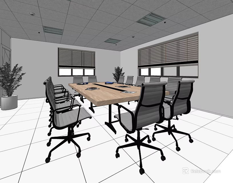 Spacious Public Office Area With Large Conference Table Office Chairs Blinds And Potted Plant 3d model 