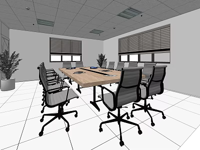 Spacious Public Office Area With Large Conference Table Office Chairs Blinds And Potted Plant 3d model