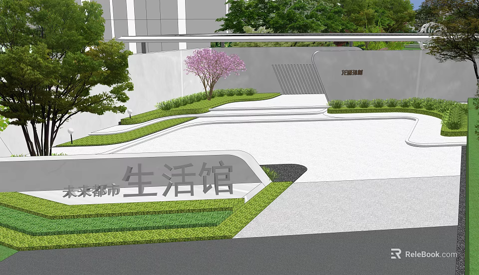 Modern Urban Garden Landscape With Lawn Steps Trees And White Wall Greenery 3d model 