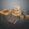 Rustic Daily Living Supplies Including Grass Mat Table Stone Stack Barrel Crates And Benches 3d model