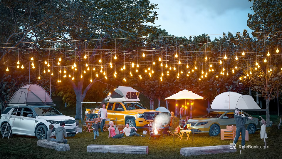 Comfortable Garden Landscape Camping Site With Warm String Lights And Happy Family Outdoor Gathering 3d model 