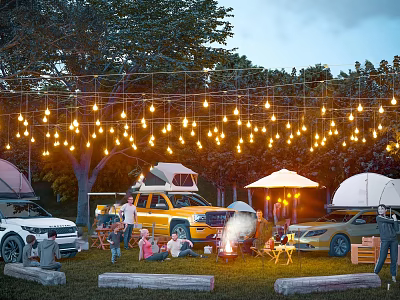 Comfortable Garden Landscape Camping Site With Warm String Lights And Happy Family Outdoor Gathering 3d model