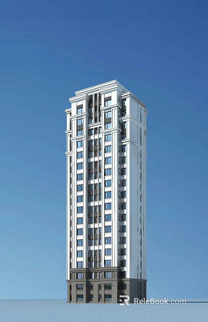Tall White High Rise Residential Building With Multiple Windows And Blue Sky Background 3d model 