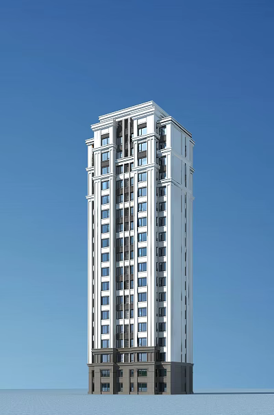 Tall White High Rise Residential Building With Multiple Windows And Blue Sky Background 3d model