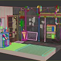 Industrial Style Interior Diorama With Pink Wall Red Door Exposed Pipes Shoe Rack And Plant