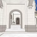 Sacred Religious Building With Symmetrical Steps Blue Flags And Ornate Decorations