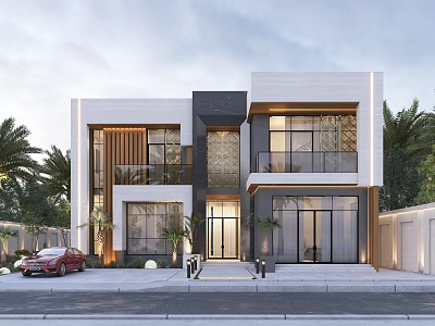 Modern Two Story Detached Villa White Exterior Black Frames Glass Balcony Palm Trees Red Car 3d model