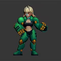 Cartoon Style Game Movie Character With Blonde Hair Green Mecha Armor And Red Goggles