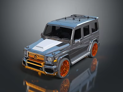 Silver SUV With White Front Accent Orange Wheels Gold Grille And Roof Rack 3d model