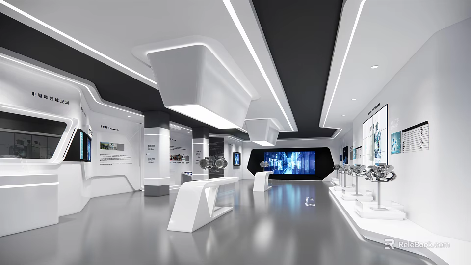 Modern Tech Exhibition Hall Interior With Linear Lighting White Display Stands And Blue Screens 3d model 