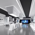 Modern Tech Exhibition Hall Interior With Linear Lighting White Display Stands And Blue Screens