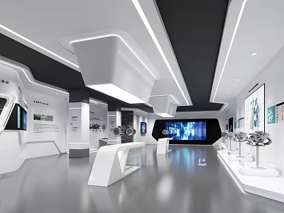 Modern Tech Exhibition Hall Interior With Linear Lighting White Display Stands And Blue Screens 3d model