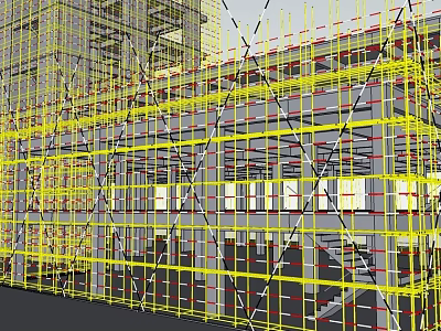 Multi Level Construction Scaffolding With Yellow Red Support Structures On Building Exterior 3d model