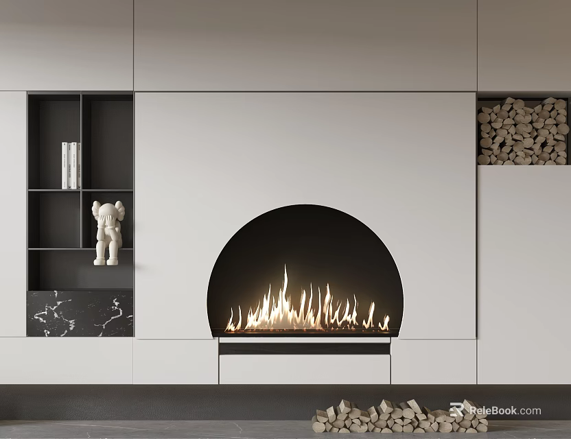 Modern Fireplace Interior With White Cabinets Black Open Shelves Flames And Firewood 3d model 