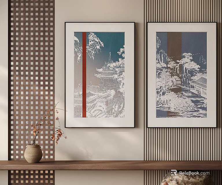 Abstract Paintings Framed Hanging On Indoor Wall With Vase And Wooden Decor 3d model 