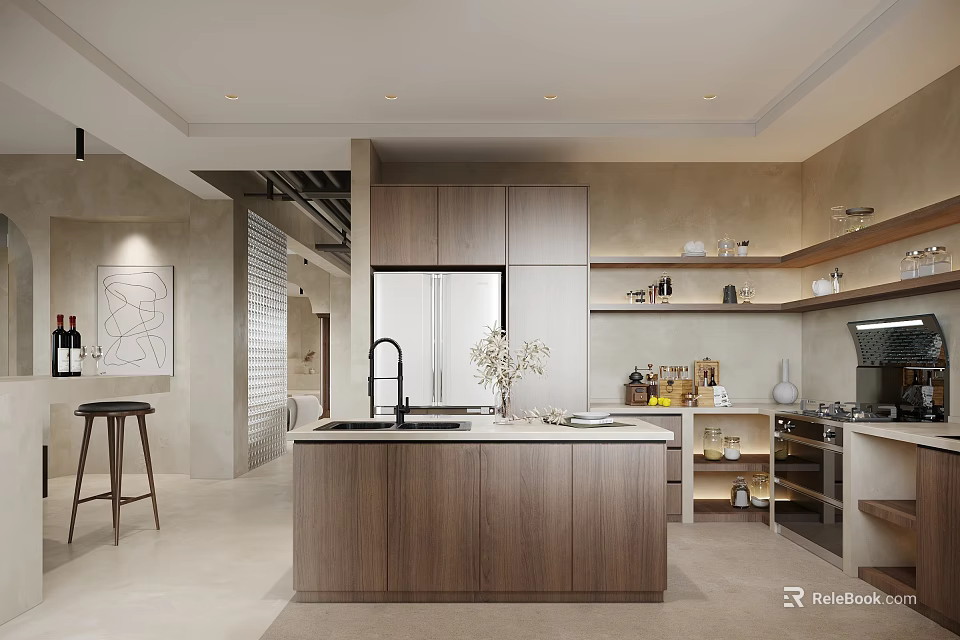 Modern Kitchen Interior With Island Counter Cabinets Refrigerator And Bar Stools 3d model 