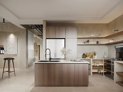 Modern Kitchen Interior With Island Counter Cabinets Refrigerator And Bar Stools 3d model