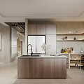 Modern Kitchen Interior With Island Counter Cabinets Refrigerator And Bar Stools