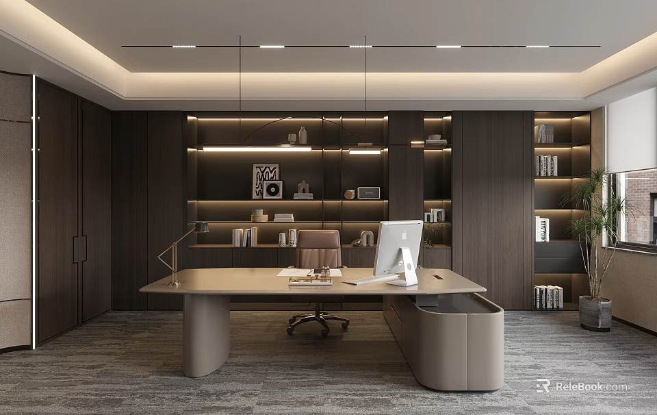 Modern Elegant Office Interior Design With Ergonomic Desk Computer Bookshelves And Pendant Lighting 3d model 