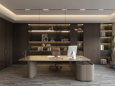 Modern Elegant Office Interior Design With Ergonomic Desk Computer Bookshelves And Pendant Lighting 3d model