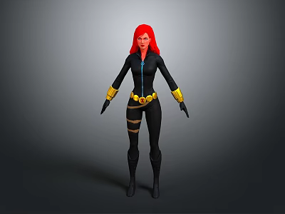 Game Movie Female Character With Red Hair Black Bodysuit Yellow Gloves Belt And Boots 3d model