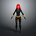 Game Movie Female Character With Red Hair Black Bodysuit Yellow Gloves Belt And Boots