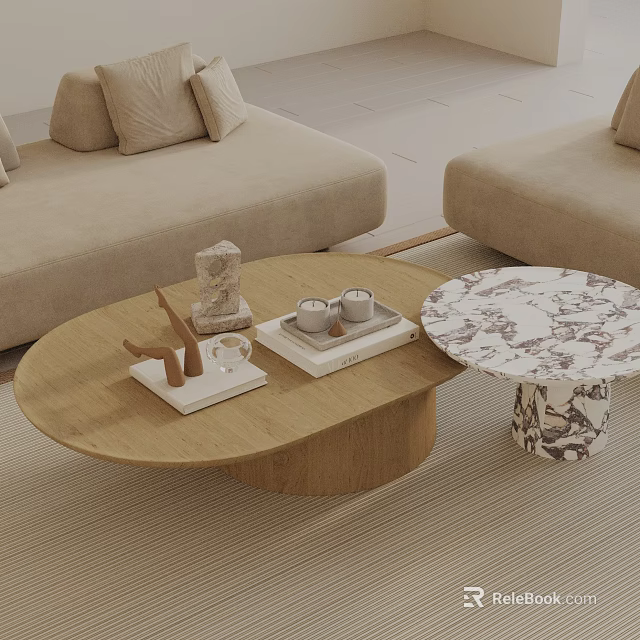 Modern Sofa Coffee Table Set Featuring Wooden Table Tray Cups Cushions and Marble Side Table 3d model