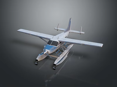 Detailed Modern White and Blue Seaplane with Floats Extended Wings on Reflective Surface 3d model