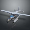 Detailed Modern White and Blue Seaplane with Floats Extended Wings on Reflective Surface
