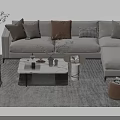 Modern Sofa Coffee Table Set With Plush Pillows And Accent Area Rug 3d model