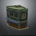 Two Story Brick Building With Green Tile Roof Blue Awning And Wooden Windows