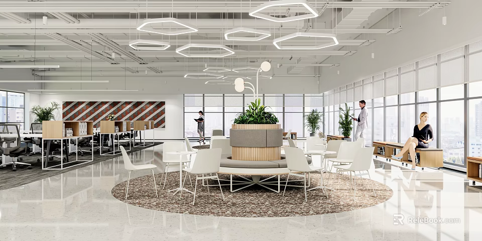 Modern Casual Area With Circular Layout White Chairs Central Green Plant And Hexagonal Pendant Lights 3d model 